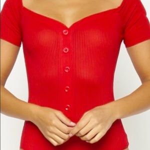 Red Short Sleeve Bodysuit with Front Button Details and Sweetheart Neckline